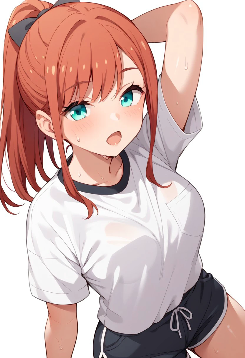 score_9,score_8_up,score_7_up, source_anime, solo, Minagawa yuki, red hair, ponytail, aqua eyes, white shirt, shorts, sweat, open mouth, arma behind head, school field, perfect breast, perfect anatomy