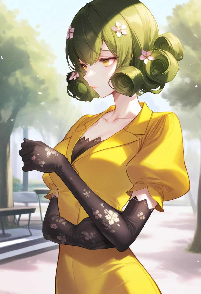 artist:gomzi,artist:wanke,artist:diyokama, rei_(sanbonzakura),[[artist:fuzichoco]],year 2023,
1girl, solo, kishibe rie, yellow eyes, green hair, hair flower, curly hair,
yellow shirt, pencil skirt, elbow gloves, print gloves, floral print, puffy short sleeves, collarbone,
upper body,
park,
<lora:dscs_humancharacters.ilxl:0.8>