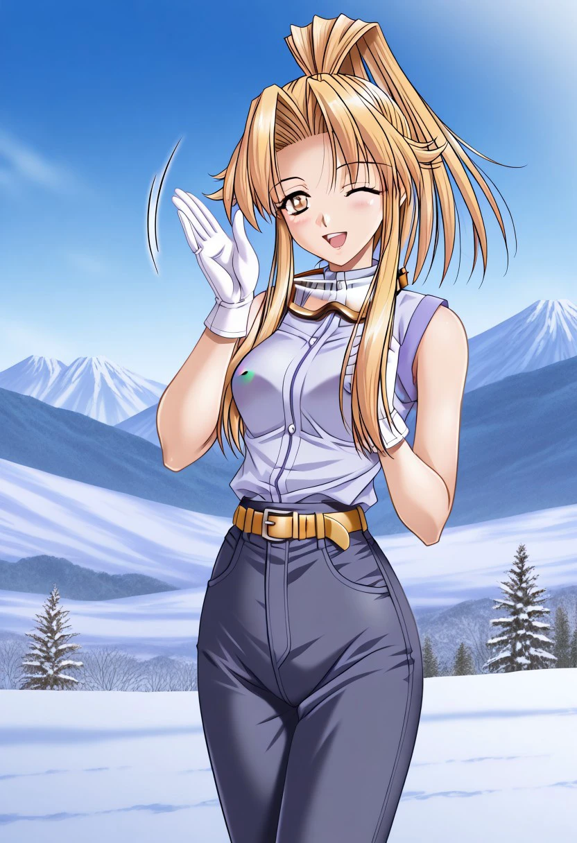 masterpiece, best quality, newest, highres, uncensored, 1girl, yokota mamoru style,1girl, slender face，motion lines, ,Kitagawa Junko,Honey Blonde Hair, Ponytail, Waist Length Hair,Amber Eyes,slim
solo, snow, mountain,1girl, gloves, mountain, day, one eye closed, goggles, smile, sky, open mouth, outdoors,black jeans