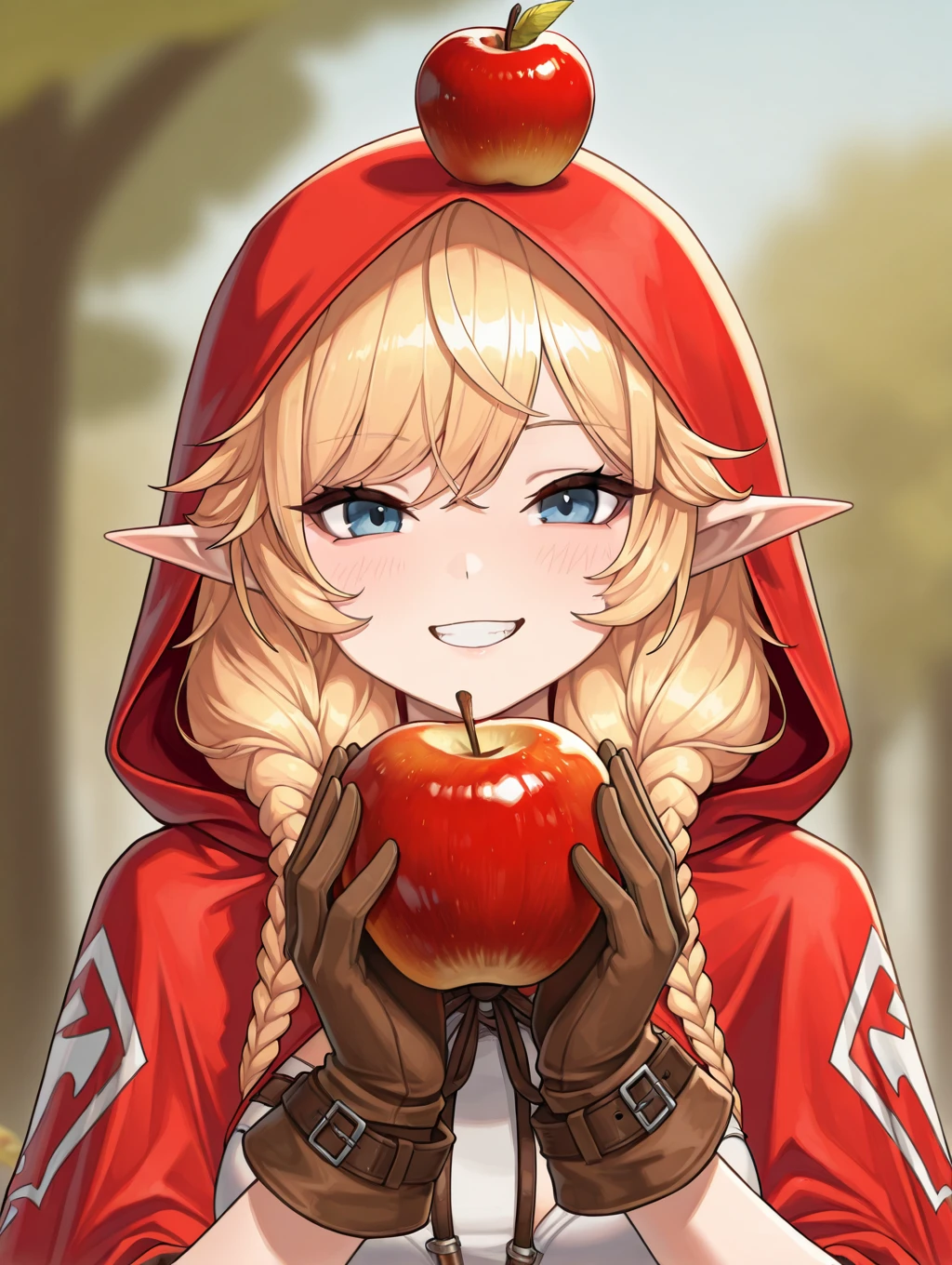 elvira, 1girl, solo, looking at viewer, smile, blue eyes, blonde hair, gloves, braid, food, pointy ears, hood, grin, twin braids, fruit, elf, brown gloves, apple, red hood

masterpiece, best quality,amazing quality, very aesthetic, absurdres, depth of field, blurry background, extremely detailed face, detailed eyes