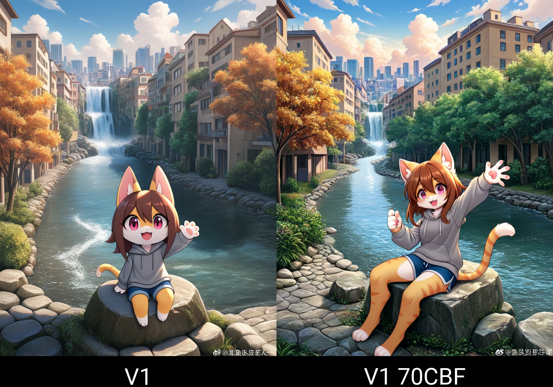 masterpiece, best quality, absurdres, safe,

no humans, nazuna hiwatashi, waving, open mouth, happy, outdoors, vegetation, river, modern city, wearing hoodie, hood down, furry female, cat ears, cobblestone, skyline, blue sky, scenery, cat tail, pink eyes, stone walkway, weibo username, river of blood, looking at viewer, smile, cat girl, waterfall, city, cloud, day, weibo logo, nature, water, sitting on rock, riverbank, tail, hood, full body, hoodie, animal ears, cityscape, furry, :d, brown hair, building, cloudy sky,

She is dressed in a casual outfit consisting of a gray hoodie and blue shorts, adding to the relaxed atmosphere of the scene. The backdrop includes a city skyline at sunset, with buildings silhouetted against the warm orange and yellow hues of the setting sun.