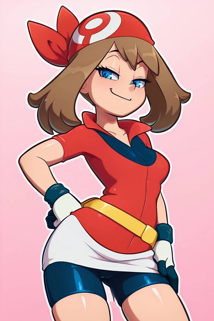 masterpiece, best quality, zzMay, may (pokemon), solo, brown hair, blue eyes, medium hair, red shirt, bike shorts, red bandana, red shirt, gloves,  white miniskirt, yellow belt,  <lora:MayPokemonIXL_v2:1.0>,    <lora:theOtherHalfIXL_v2:1.0>,cowboy shot, hand on hip, smug, smile, looking at viewer, shiny skin,