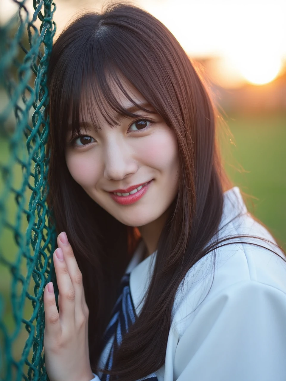 A soft-focus photograph of a young woman named kawata with long, straight black hair with bangs and fair skin. She wore light makeup, with light red lips. She has a slender build and is wearing a white school uniform with a navy blue striped tie. She looked at the camera with a slight smile on her face. She leaned against the barbed wire fence beside her. She is holding a green chain-link fence with her right hand. The background is blurred, suggesting an outdoor setting with greenery. The image has a dreamy, ethereal quality with a shallow depth of field. Time seems to be dusk, the wind is strong, Kakki's hair flutters in the wind, her hair disheveled. The upper right corner is the sunset sun, backlit. 