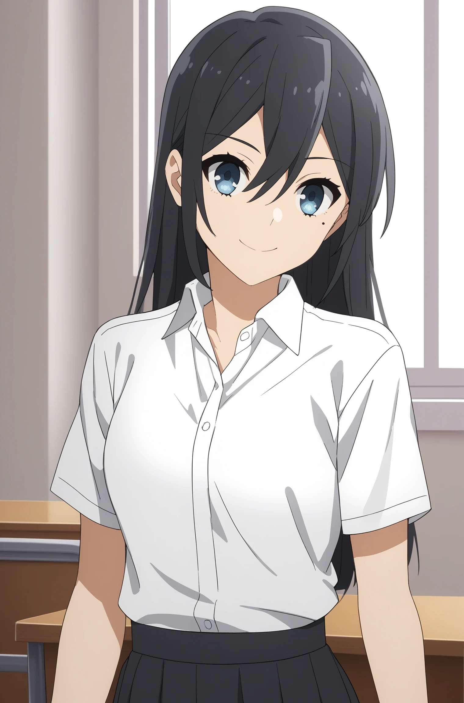 score_9, score_8_up, score_7_up, score_6_up, score_5_up, source_anime, rating_safe, medium breasts, indoors, classroom, 1girl, solo, looking at viewer, (upper body:1.5), sawada honoka, long hair, black hair, hair between eyes, blue eyes, mole under eye, school uniform, short sleeves, white shirt, collared shirt, black skirt, pleated skirt, black kneehighs, grey footwear, converse, high tops, <lora:Honoka_Sawada:0.8>, smile