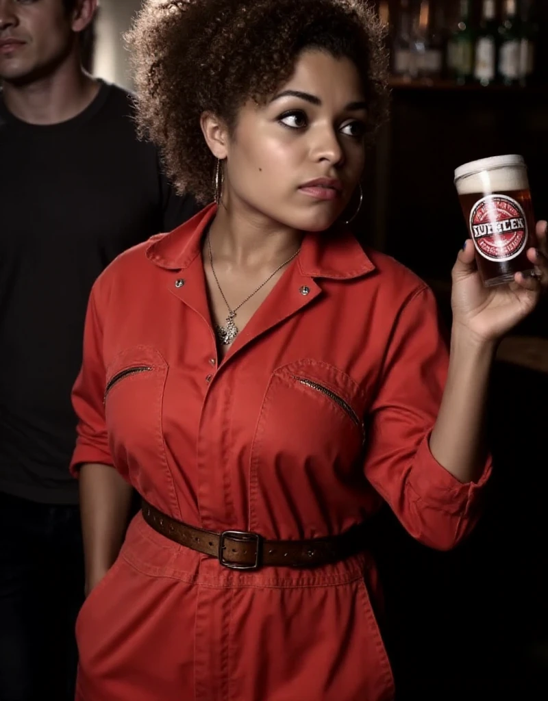 <lora:Alisha:0.9> alisha, a woman with curly hair wearing a red jumpsuit with a belt. She holds a beer in a pub