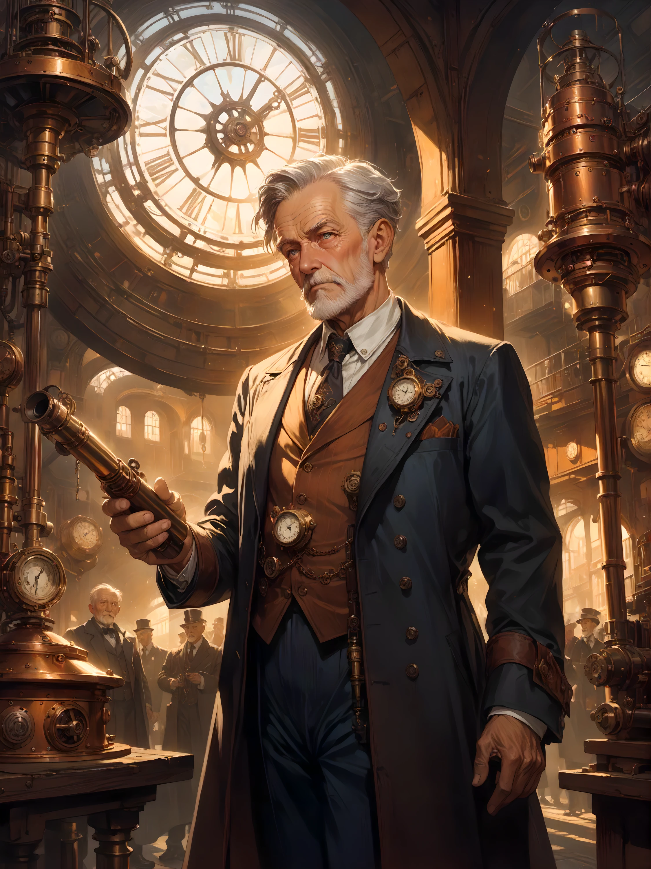 Best quality, masterpiece, steampunk, brass and copper accents, vintage illustration, detailed ornamentation, Best Composition, cinematic , great colors, industrial, trending on Art, 1 old man, character focus, Sense of Eternity, Sensation of casting shadows as if alive