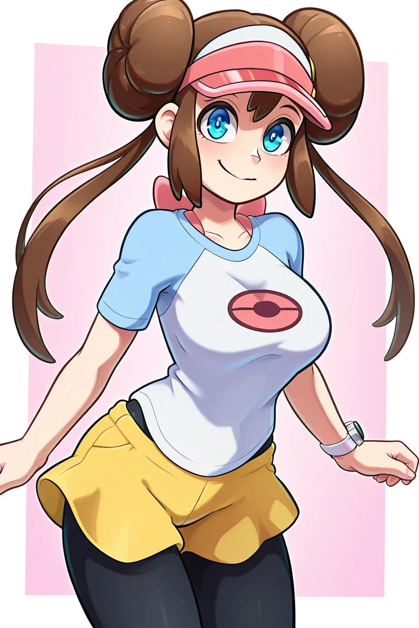 masterpiece, best quality, BREAK, zzRosa, hair bun, blue eyes, twintails, visor cap, pantyhose, raglan sleeves, yellow shorts, shirt, pink bow, wristwatch, <lora:RosaPokemonIXL:1.2>, smile, looking at viewer, cowboy shot,    <lora:theOtherHalfIXL_v2:1.0>,