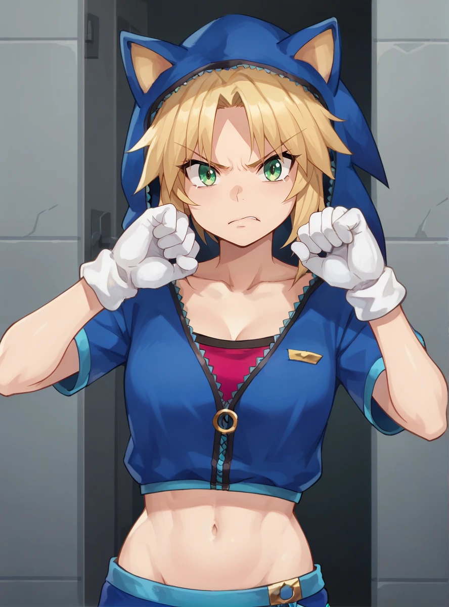 score_9, score_8_up, score_7_up, score_6_up,source_anime anime screencap,  anime coloring, mordred \(fate/apocrypha\),  blonde hair,  angry, grumpy,  green eyes, <lora:SonicHoodie:0.8>sonichoodie, gloves, solo, hood, 1girl, white gloves, midriff, navel, hoodie, animal hood solo indoors,  blue_pants