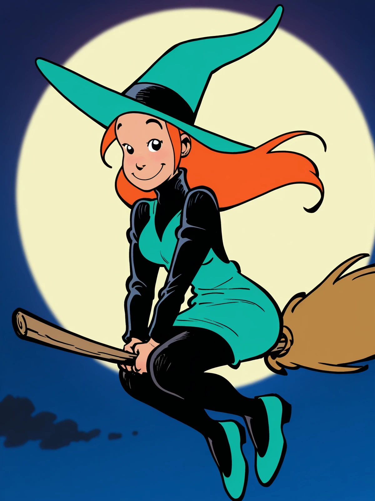 1girl, melusine, long hair, orange hair, witch hat, dress, turtleneck, pantyhose, <lora:Melusine_r2:1>, broom riding, flying, floating hair, looking at viewer, smile, ht sky, full moon