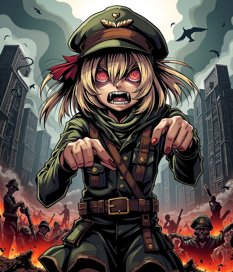 TanyaDegurechaff,An intense, dark, and gruesome colorful manga cover art style, featuring a girl with piercing manic eyes and a crazed expression, resembling Tanya Degurechaff. She is surrounded by a war-torn battlefield with twisted, eerie details, dramatic lighting casting sharp shadows, and a chaotic, oppressive atmosphere. The style emphasizes intricate linework and a gritty, grim tone
, <lora:Tanya_Degurechaff_manga_style_flux:0.8>,