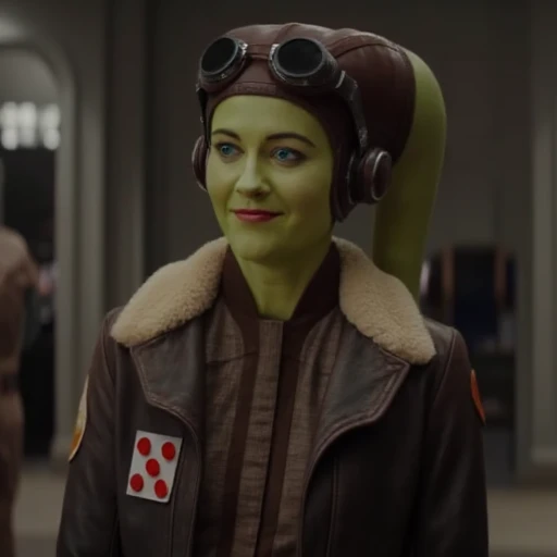 confident expression and wears a brown leather flight jacket with a white fur collar, specifically from the film "Star Wars: The Last Jedi." The character, yellow, specifically from the Star Wars franchise. The scene is set in a futuristic, and wears a detailed, a humanoid species known for their elongated heads and green skin. The Twi'lek in this image is dressed in a dark brown leather flight suit with a white fur-lined collar, Hera . The image is a high-resolution