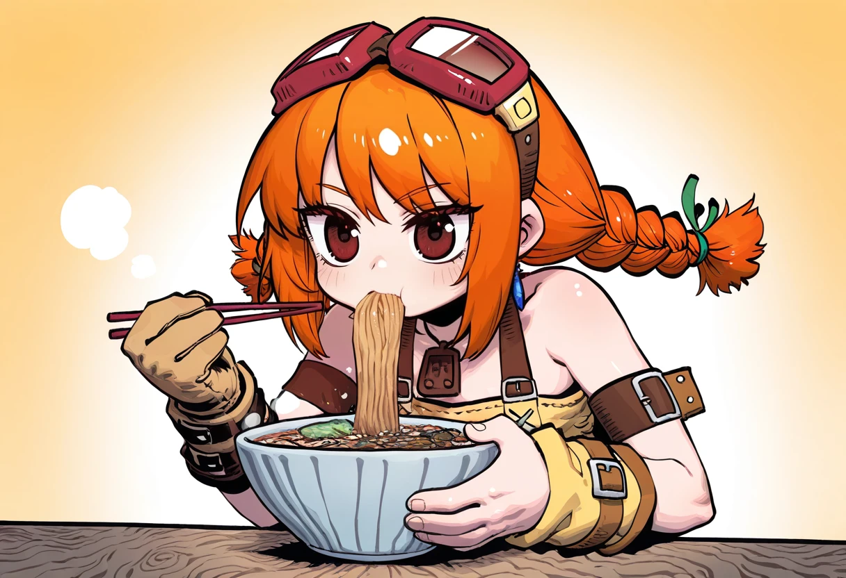 naga u, ssambatea, infukun, 1girl, solo, aika, aika \(eternal arcadia\), orange hair, brown eyes, low twintails, twin braids, goggles, single glove, eating udon, chopsticks, 
absurdres, highly-detailed, best quality, masterpiece, very aesthetic, <lora:Aika_Eternal_Arcadia-000077:0.6>