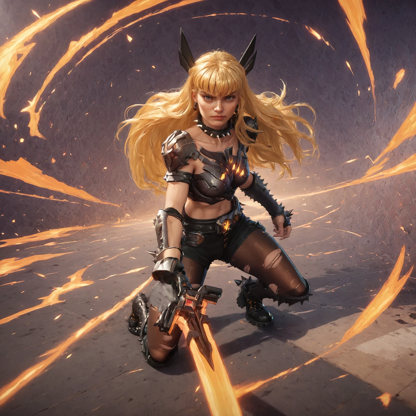 score_8,score_7,score_9,magikrivals,(close-up:1.2),face,pov,1girl,blonde,long hair,bangs,chest armor,spiked collar,fight pose,spiked headband,on her knees,torn pantyhose,spiked boots,spiked gloves,beautiful background,detailed background,sword