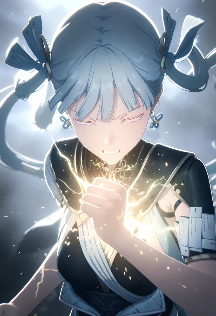 masterpiece,best quality,amazing quality,very aesthetic,absurdres,newest,scenery,
jinxsi, 1girl, echo2 dress, upper body, closed eyes, white eyelashes,  white hair, twintails, expression of pain, furrowed eyebrows, hair ribbon, earrings, hand up, clenched hand, floating hair, clenched teeth, arm glowing light, light particles, electricity, glowing energy, lightning energy patterns on face, stormy atmosphere, sparks, blurry background, fog
<lora:Jinxsi IL v2:0.8>