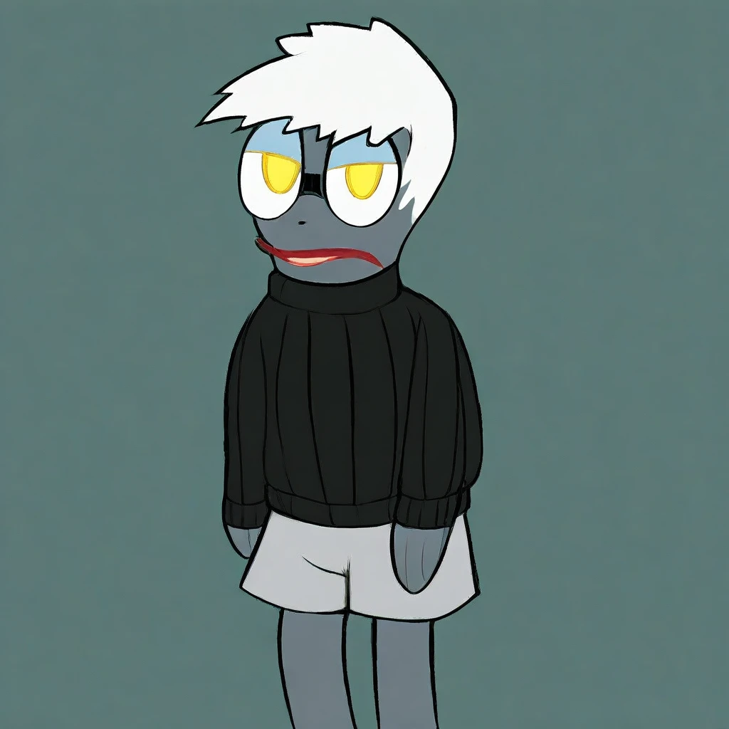 mikus-style. black sweater, gray shorts, white hair, yellow eyes, furry, black fur