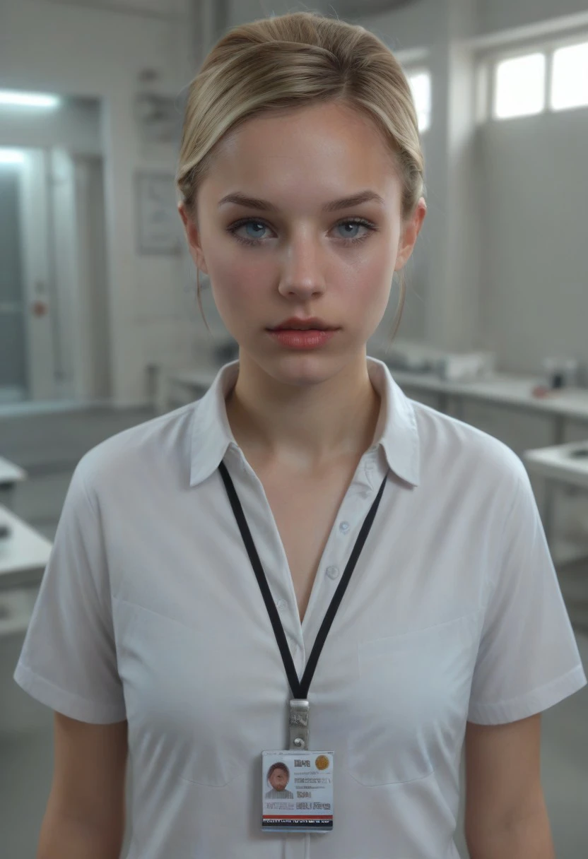 score_9, score_8_up, score_7_up, realistic photo of lcstllmn, 25-year-old 1girl, unique angle, unique framing, upper body, face focus, (looking at viewer), parted lips, 1girl, blonde hair, high bun updo, white shirt, badge, by loish, masterpiece, lips parted, slim figure, petite, (indoors, laboratory, shadowed), side lighting, warm lights