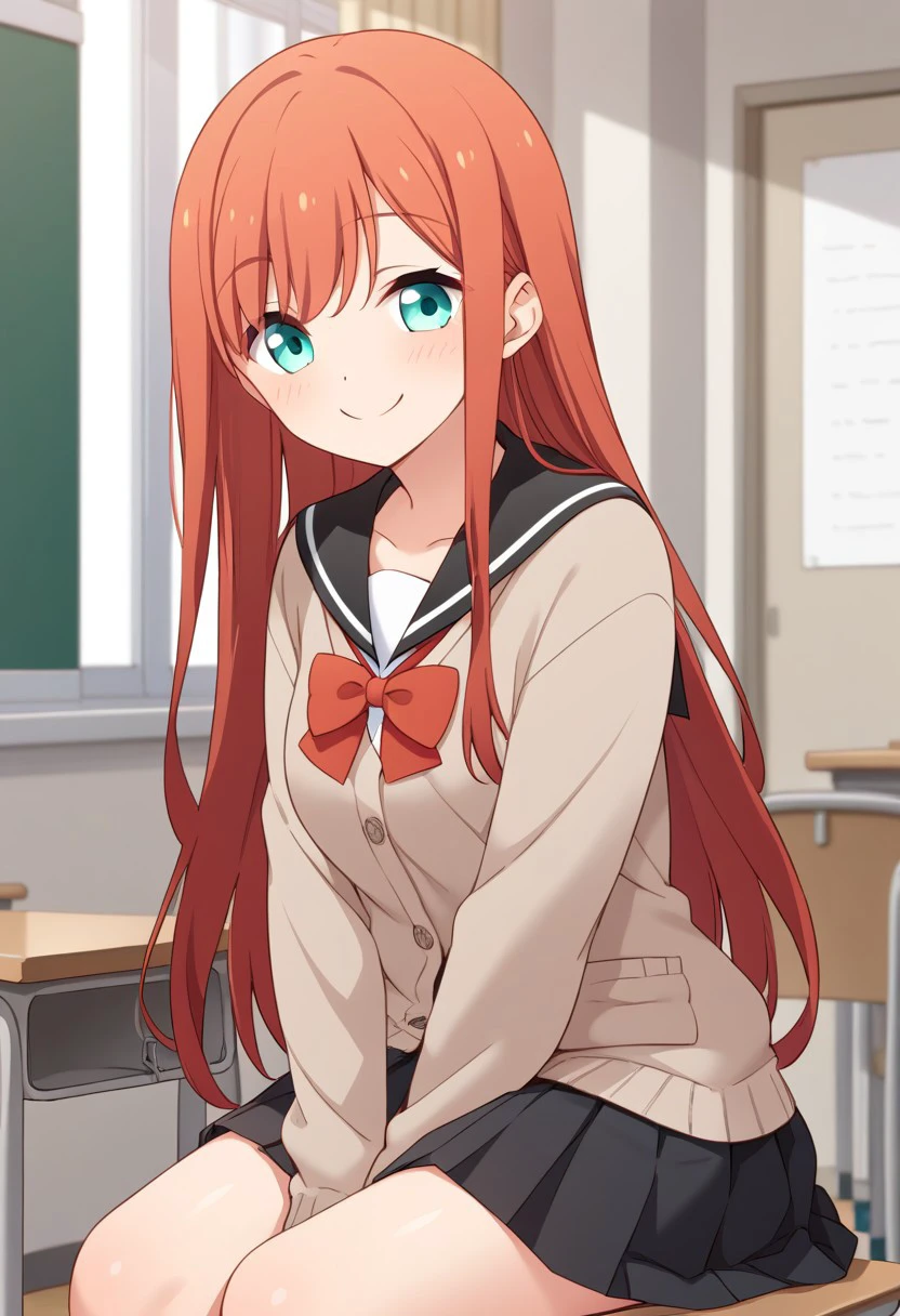 score_9,score_8_up,score_7_up, source_anime, solo, Minagawa yuki, red hair, long hair, aqua eyes, Serafuku, cardigan, long sleeves, red bow, skirt, pleated skirt, smile, closed mouth, perfect breast, sitting, classroom, perfect anatomy