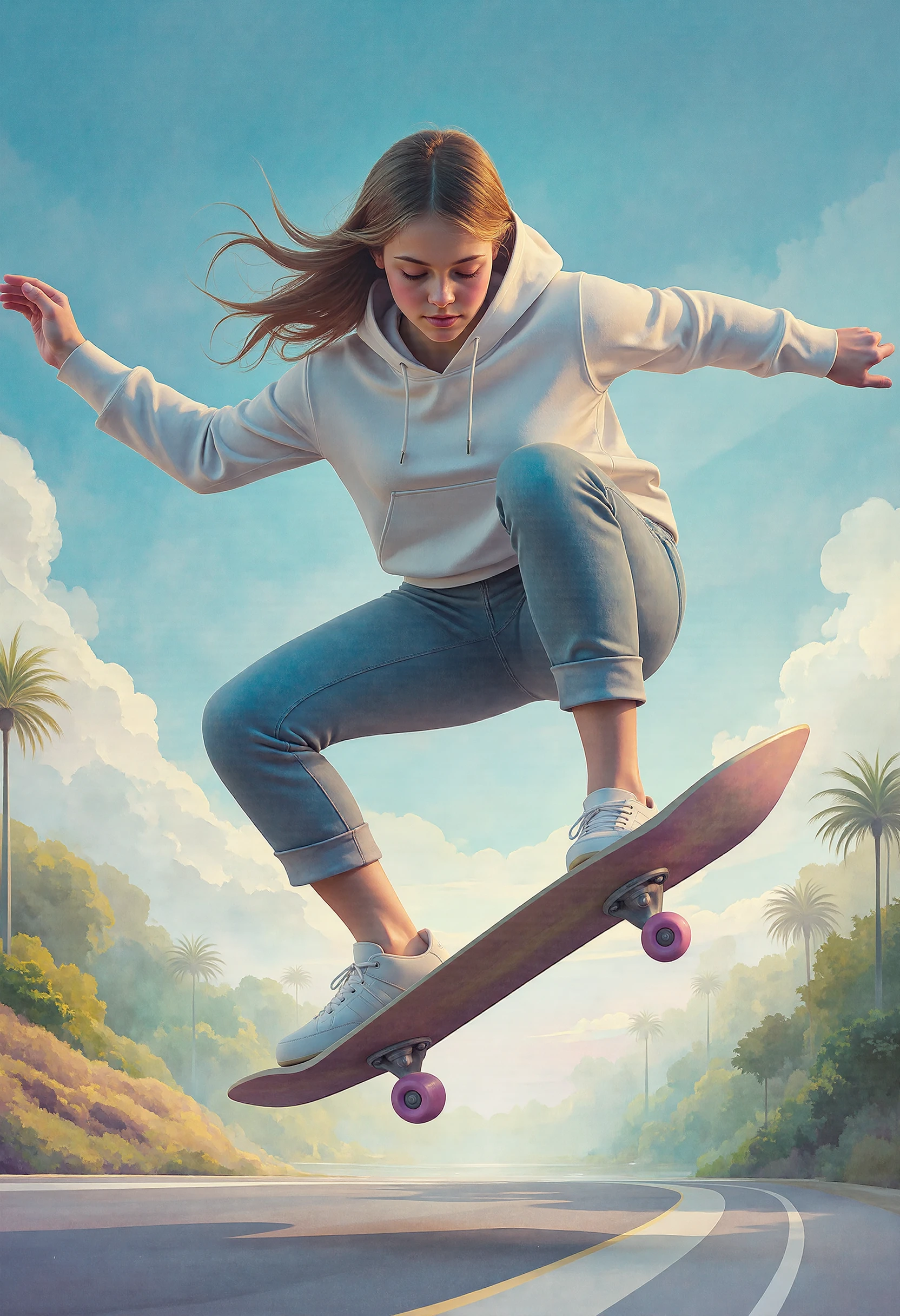 A digital artwork in the style of CLRFL, depicts a girl is skateboarding, doing tricks in the air. The girl is wearing a white hoodie. 