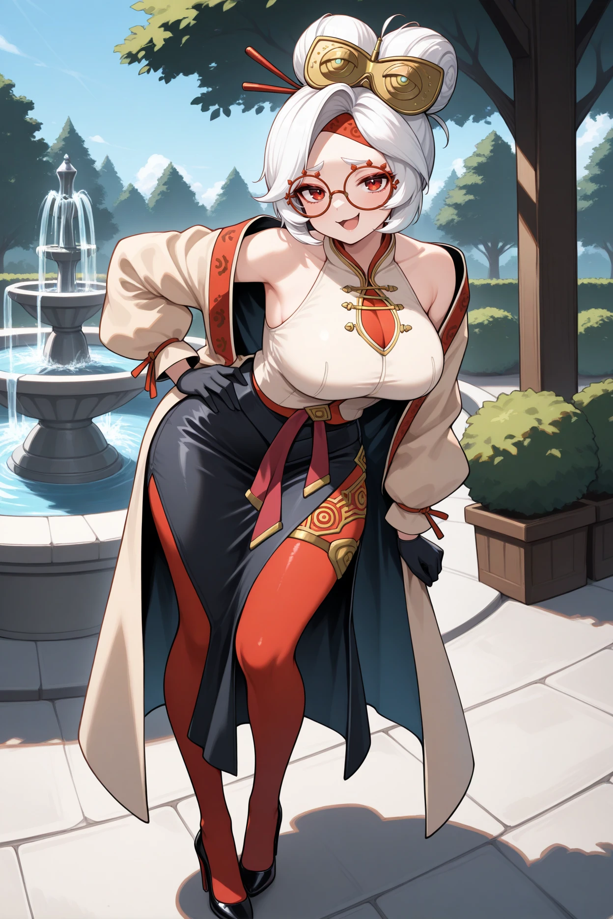 masterpiece, best quality, 1girl, solo,  <lora:purah-illu-nvwls-v1-000005:1> pur4h, white hair, red eyes, hair bun, hair ornament, red headband, red glasses, sleeveless shirt, beige shirt, beige jacket, red trim, open jacket, black skirt, red leggings, gloves, high heels, full body, hand on hip, smug, looking at viewer, happy, open mouth, shrubs, fountain, blue sky, large breasts