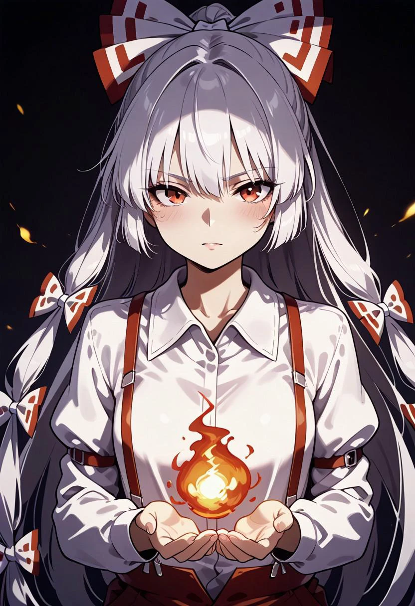 finely detailed, masterpiece, intricate details, beautiful detailed, delicate, highres, best quality, Low-key lighting,  ((dark background:1.4)), glowing,
zzMokou, red eyes, hair between eyes, grey hair, hair bow, hair ribbon, long hair, very long hair, white hair, bow, suspenders, white shirt, long sleeves, white bow, collared shirt,
(holding fireball in hands), upper body,