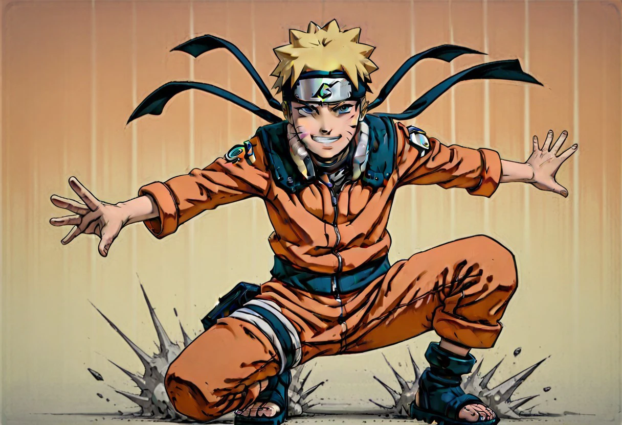 BLSplash,Naruto Uzumaki, Smug, Grin, Orange jumpsuit, Dynamic Pose, Hero Crouch