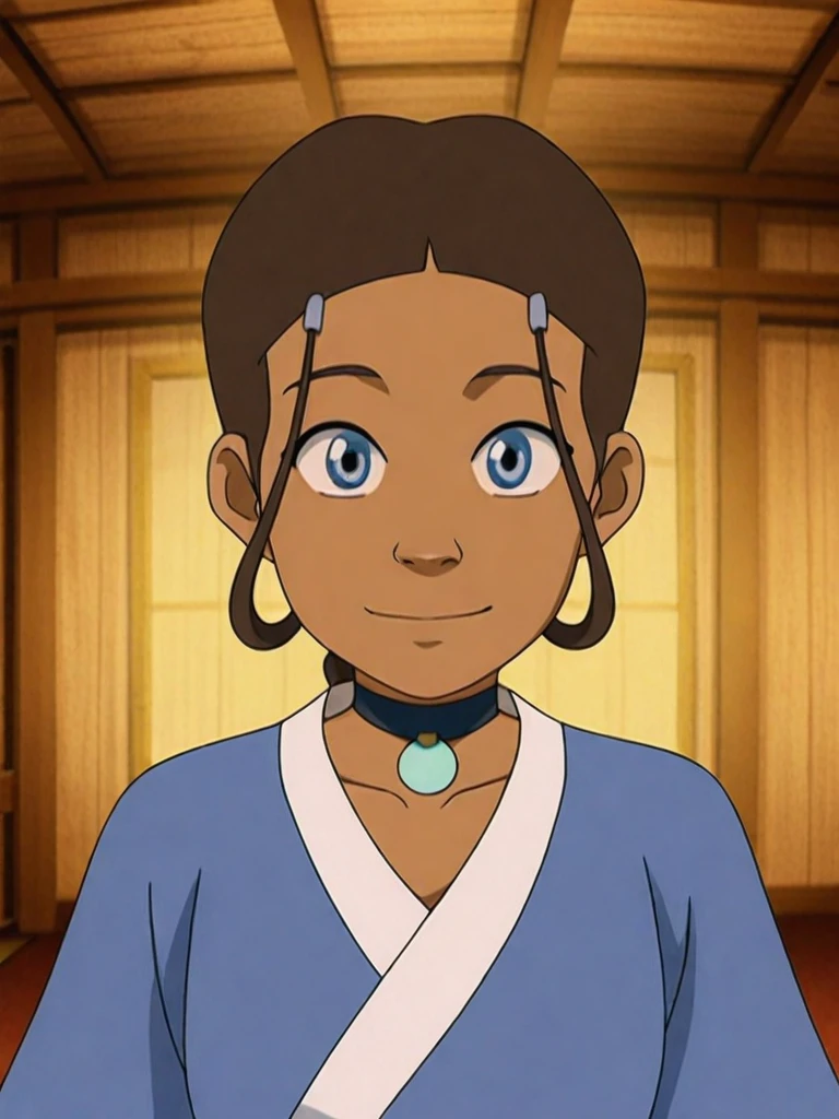 anime screencap,8k, absurd res,
<lora:Katara_Illustrious:1>
1girl, dark skin, dark-skinned female, brown hair, choker, jewelry, indoors, hair ornament, katara, braid, blue eyes,
blue robe, upper body,
looking at viewer, light smile, closed mouth,
