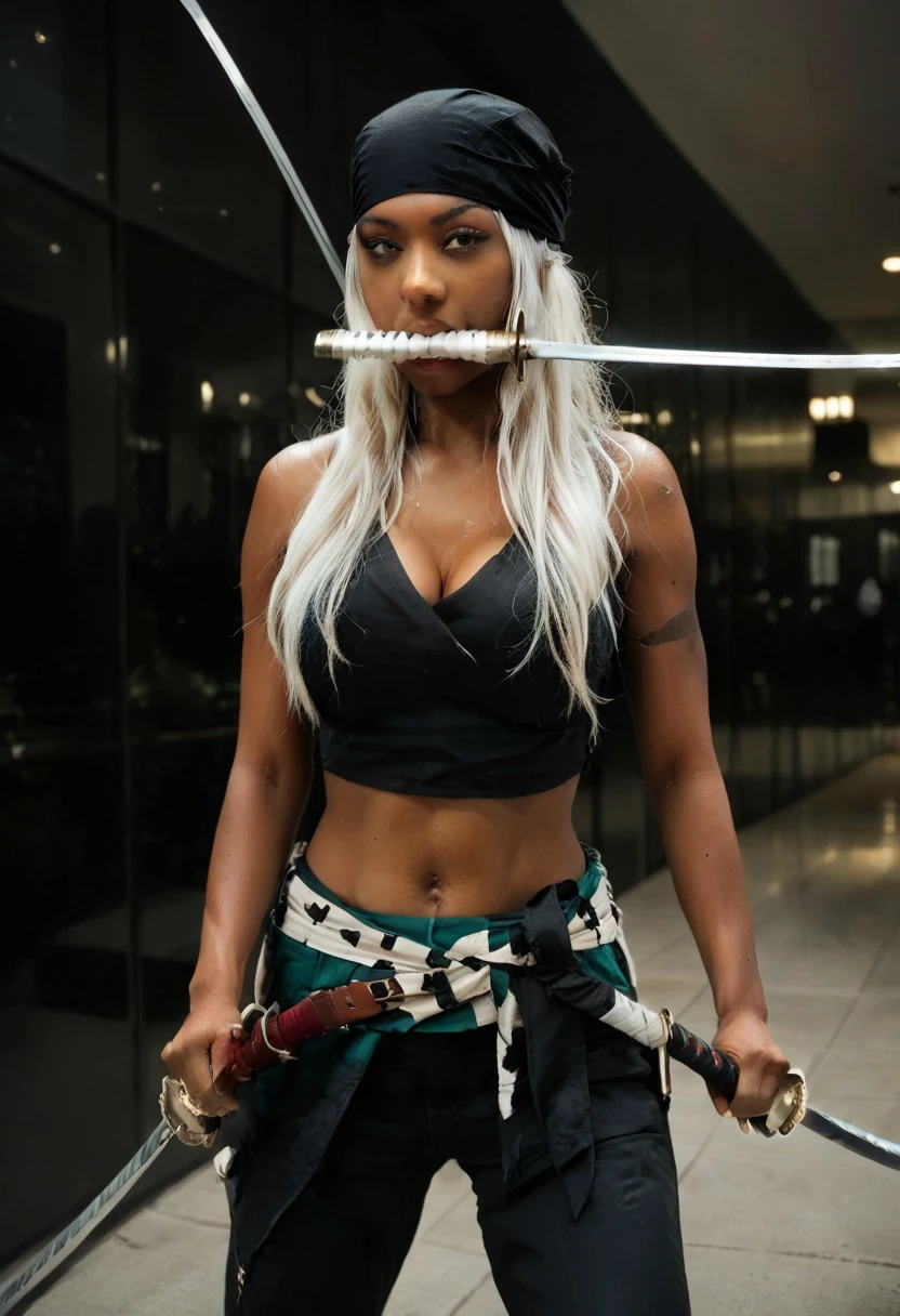 female focus, solo focus, solo, score_9, score_8_up, score_7_up, 1girl, white hair, dark skin, dark-skinned female, long hair, bandana, 3SwordsStyleV1, holding object in mouth, holding in mouth, mouth hold, sword in mouth, weapon, holding weapon, holding, holding sword, 3swords, dual wielding, 3 weapons, 3 swords, weapon, sword