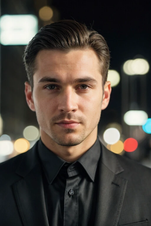 professional photo, closeup portrait photo of caucasian man, wearing black sweater, serious face, dramatic lighting, nature, gloomy, cloudy weather, bokeh