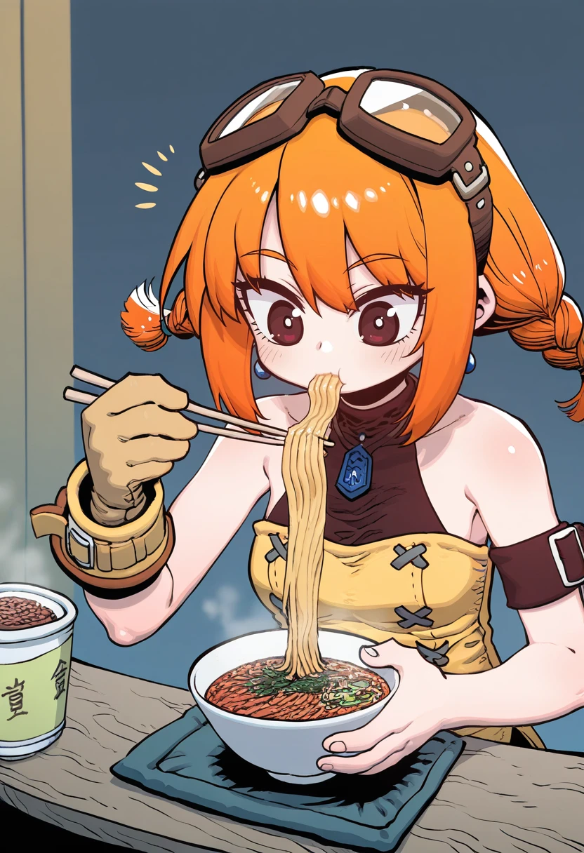 naga u, ssambatea, infukun, 1girl, solo, aika, aika \(eternal arcadia\), orange hair, brown eyes, low twintails, twin braids, goggles, single glove, eating udon, chopsticks, 
absurdres, highly-detailed, best quality, masterpiece, very aesthetic, <lora:Aika_Eternal_Arcadia-000077:0.4>