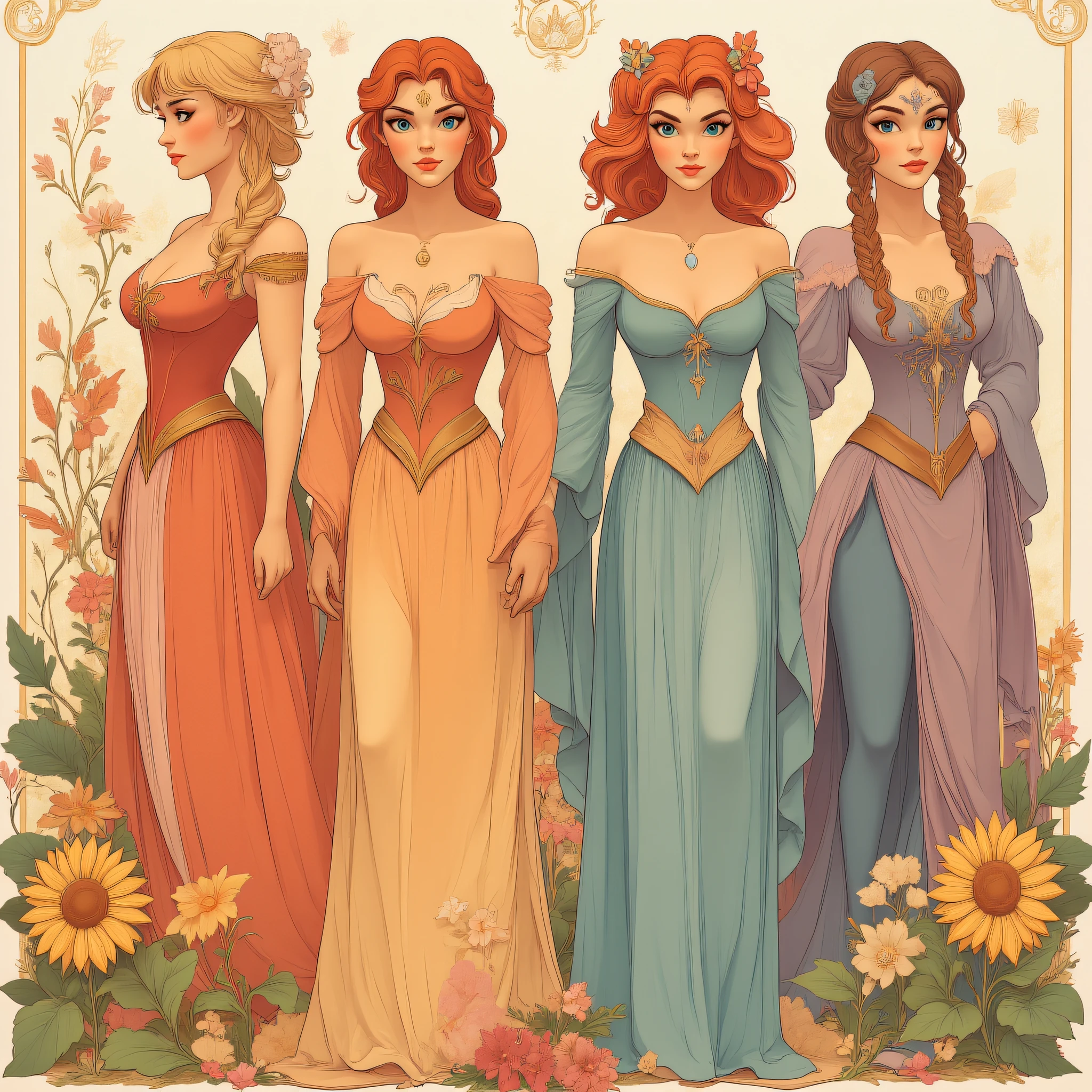 ArsMJStyle, Disney Nouveau, four women representing the seasons, each dressed in richly detailed garments. They stand intertwined with the natural elements of their seasonsâspring blossoms, summer sunflowers, autumn leaves, and winter snowflakes.