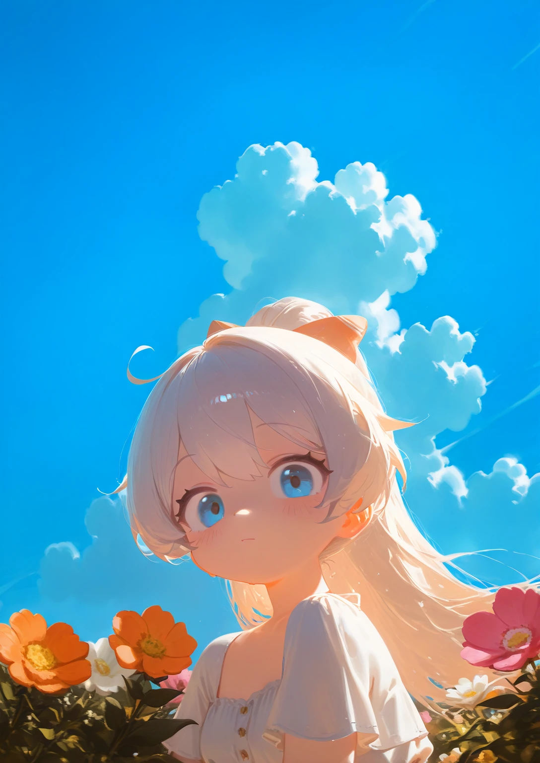 1girl,solo,blue eyes,flower,white hair,long hair,ponytail,bangs,closed mouth,dress,sky,cloud,looking at viewer,kiana kaslana,outdoors,hair between eyes,blue sky,white dress,bow,white flower,orange flower,pink flower,upper body,blush,hair bow,
blue archive,<xi410-v1-1:1>,