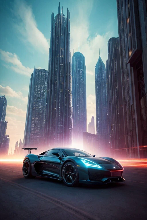 sci-fi, night, cinematic photo, futuristic design of electro car, majestic, desert city, skyscrapers, perfect lighting, clouds, vibrant, film grain