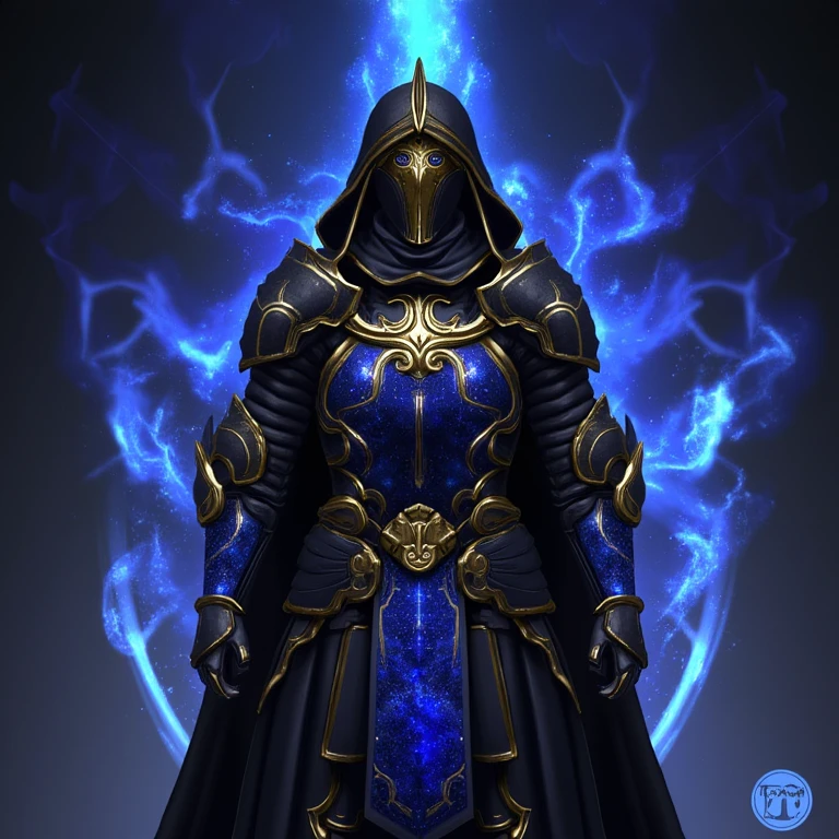 a digital artwork of a fantastical, high-tech, sci-fi warrior armor, rendered in a vivid, high-resolution digital medium. The armor is a blend of medieval knight armor and futuristic, cosmic elements. The armor is predominantly black with intricate, glowing blue and gold patterns that evoke the appearance of starry nebulae, giving it a mesmerizing, ethereal quality.
, <lora:path_of_exile_flux:0.8>,