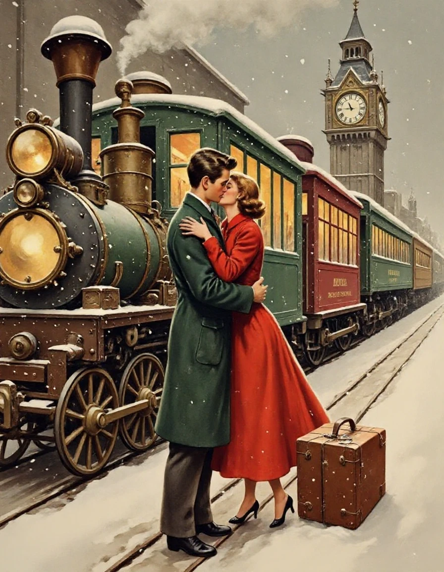 Vintage-Xmas,Vintage Christmas Filter, Vintage Christmas,Matilda, Vintage Christmas 1990s, Vintage Christmas RUBY, (Exquisite masterpiece, ultra high res, ultra-detailed), Warmly lit, misty Merry Christmas scene, intricately detailed vintage train station, tenderly embracing young lovers in richly textured, intricately patterned vintage wool coats, soft snowflakes gently falling with delicate, lace-like edges, steam rising from locomotive with subtle, whispery mist, single antique suitcase beside them, clock tower in background with intricate, Gothic-inspired stonework, capturing poignant moment of bittersweet separation and promise, with delicate, feathery brushstrokes, subtle, nuanced color gradations, and soft, dreamy focus effect, vintage watercolor textures and blending, warm, golden lighting. <lora:Vintage-Xmas:0.75>