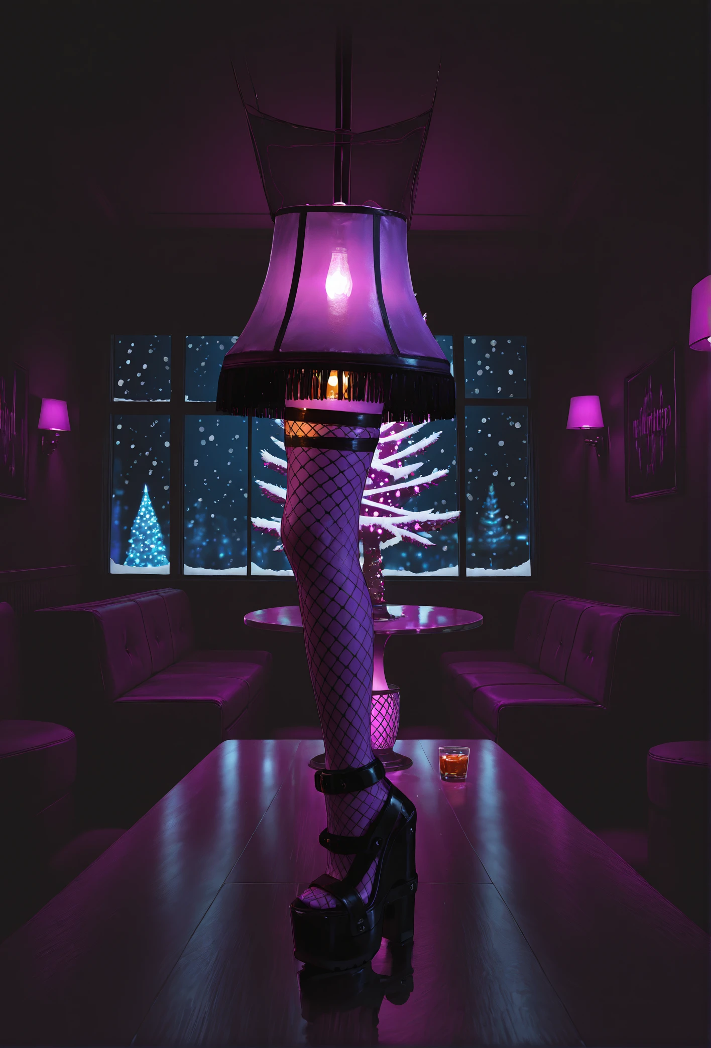 masterpiece, best quality, amazing quality, very aesthetic, high resolution, ultra-detailed, absurdres,
nightclub, bar, dark theme, purple theme, christmas theme, cinematic lighting, christmas tree with purple lights, snowing outside window, scenery,
(purple leglamp lamp on table:1.2), drinks, beverages, close-up,
fishnets on leglamp, n1ghtc4ll platform heels,
(no humans:1.3),