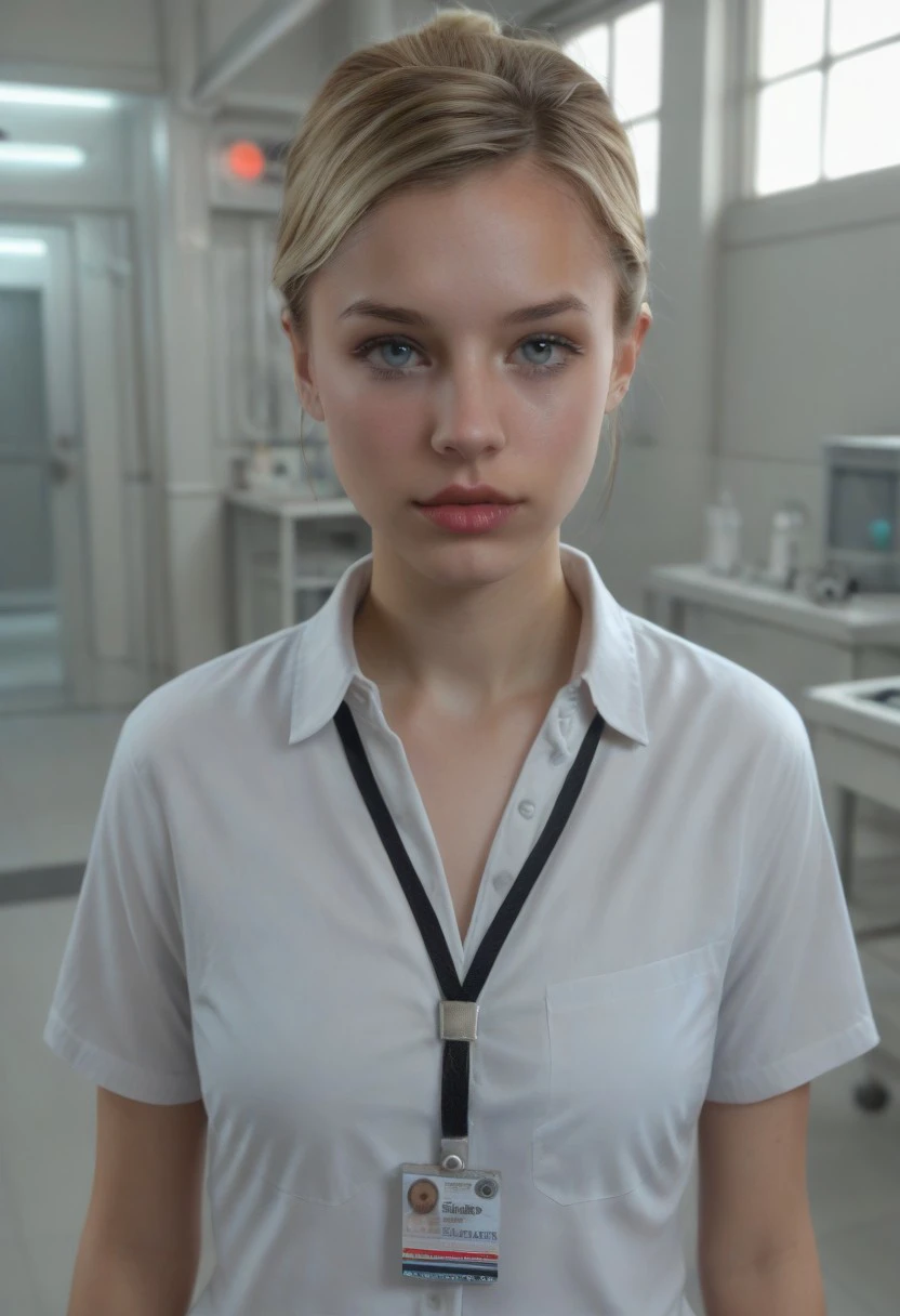 score_9, score_8_up, score_7_up, realistic photo of lcstllmn, 25-year-old 1girl, unique angle, unique framing, upper body, face focus, (looking at viewer), parted lips, 1girl, blonde hair, high bun updo, white shirt, badge, by loish, masterpiece, lips parted, slim figure, petite, (indoors, laboratory, shadowed), side lighting, warm lights