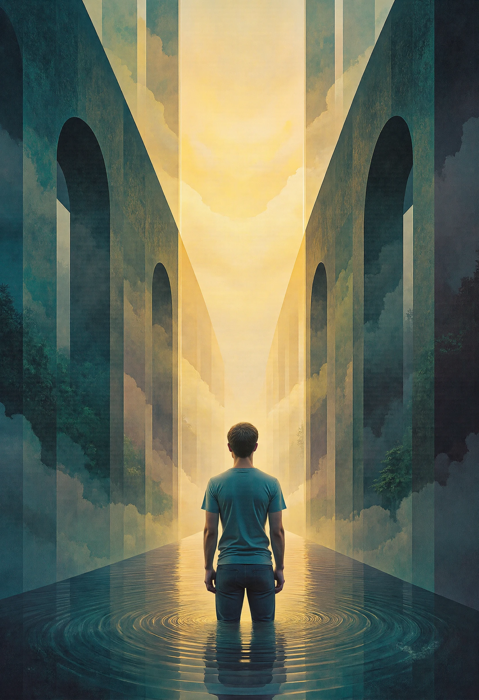 A digital artwork in the style of CLRFL, a man visible from behind, standing in an open door. The door stands alone in a river and opens a path to another world. 