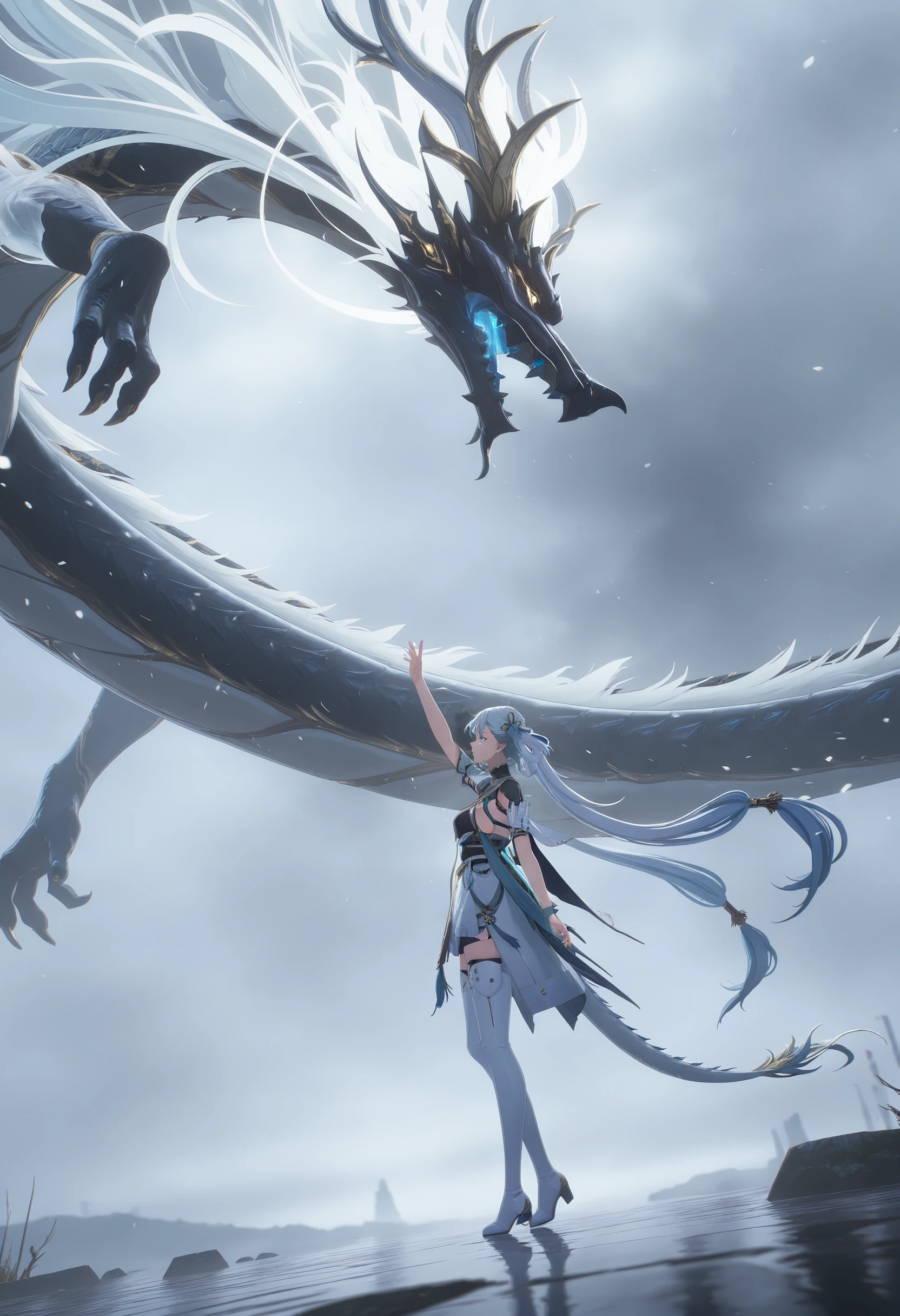 masterpiece,best quality,amazing quality,very aesthetic,absurdres,newest,scenery,
jinxsi, jue \(wuthering waves\), dragon, 1girl, echo2 dress, white hair, thigh boots, very long hair, twintails, standing, tail, outdoors, long shot, from side, arm up, floating hair, outstretched arm,  reaching, dutch angle,  cinematic shot, epic fantasy scene, misty atmosphere, surreal lighting,
<lora:Jinxsi IL v2:0.7>