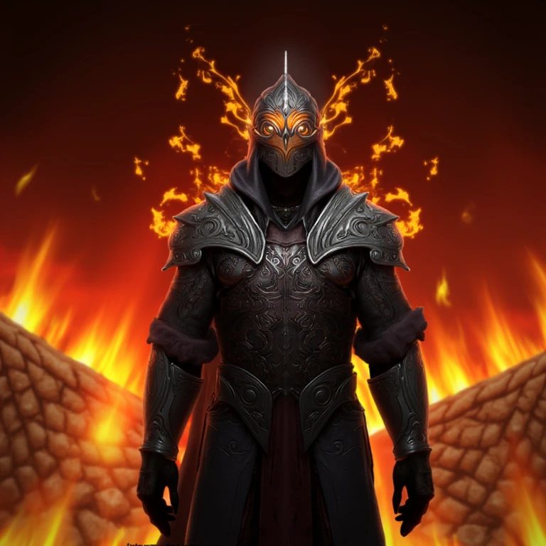 This is a digital artwork, rendered in a highly detailed, fantastical style, depicting a warrior figure standing against a fiery, chaotic background. The subject is a humanoid figure with an elongated, armored body, clad in ornate, dark, metallic armor adorned with intricate, swirling patterns that glow with a faint, ethereal light. The armor covers the figure from the shoulders to the knees, with the chest plate featuring a prominent, stylized emblem.
, <lora:path_of_exile_flux:0.8>,