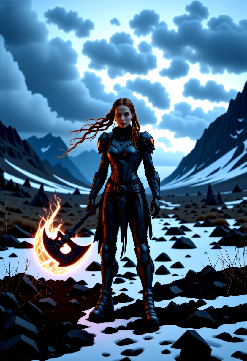 Amidst the ruins of a post-apocalyptic wasteland, a female Vikingpunk warrior stands tall, her advanced exosuit glowing with red magic flames. The wind catches her long red hair, framing her determined expression and green eyes. She wields a futuristic bioluminescent battleaxe, ready for any challenge. The desolate landscape, barren and dry, serves as a backdrop to her formidable presence. With a futuristic rebreather mask covering part of her face, she embodies the fusion of ancient Viking culture and cutting-edge technology, leaving a lasting impression of strength and resilience in this harsh environment.
A captivating image emerges, focusing on a vikingpunk warrior-princess with her presence commanding attention in the icy wasteland. Her futuristic viking armor based on traditional viking armor, a seamless fusion of technology and her athletic form, slim-athletic form highlights her strength and agility. The warrior's twin braids with shaved sides, frames her determined expression, while her piercing eyes bore into the viewer. Ancient runes are etched into her battleaxe and armor, crackling with mystical glowing energy. The frozen landscape, a testament to her people's resilience, stretches into the distance, where dark, ominous clouds partially veil the rugged mountainous pass, filling the air with crispness and the promise of lightning. This artwork, with its Nordic and Viking-inspired elements, captures the essence of a powerful futuristic figure, seamlessly blending ancient traditions with futuristic innovations. Beauty, chiaroscuro, play of shadow and light, realistic,