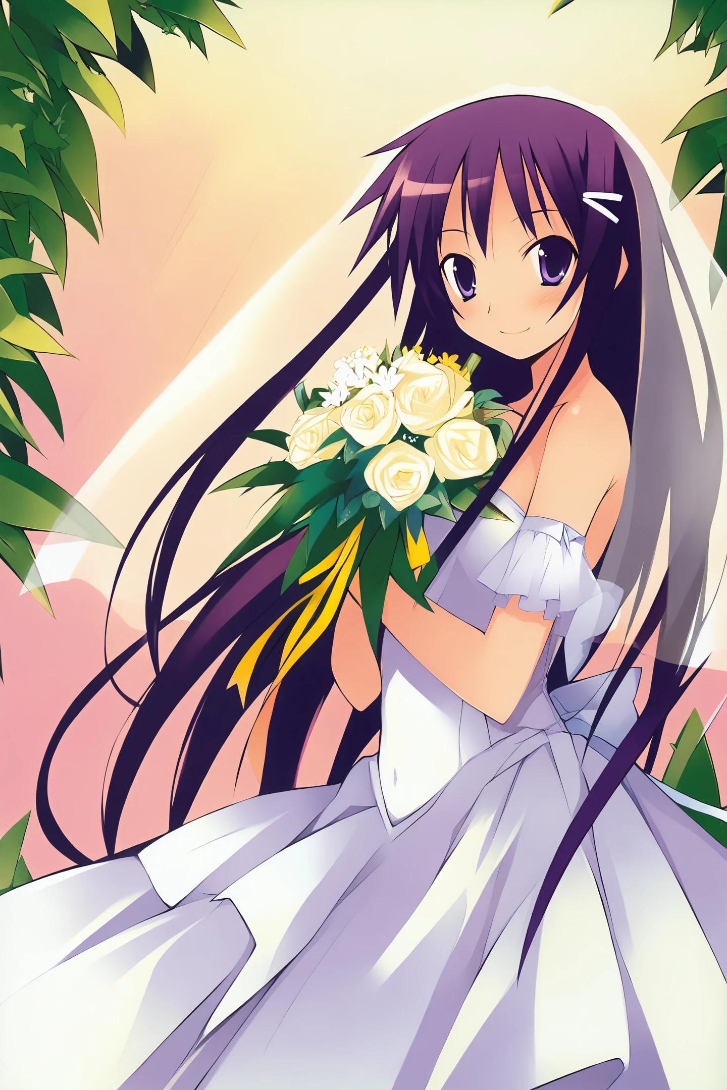 Akiba Rika,1girl,solo,long hair,dress,purple hair,flower,purple eyes,bouquet,wedding dress,bare shoulders,smile,
<lora:Keiji Yamamoto_illustriousXL:0.8>,