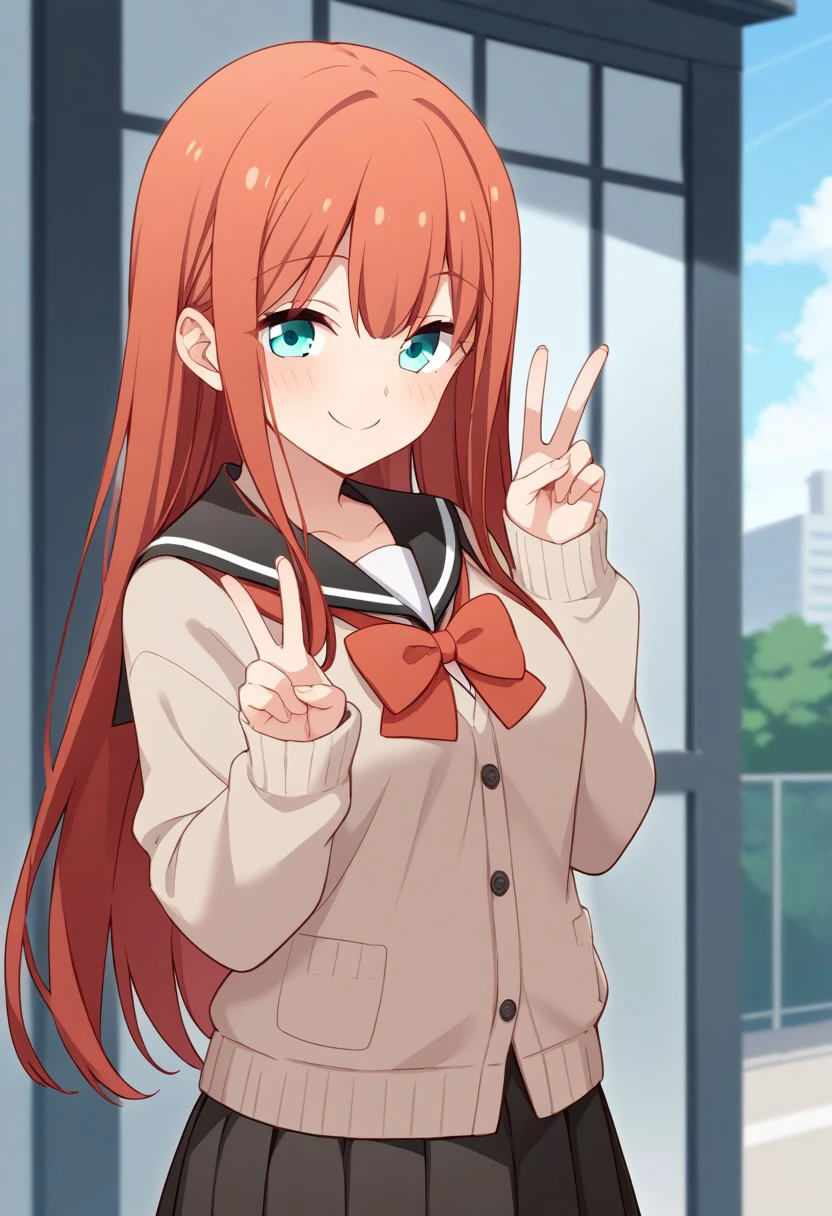 score_9,score_8_up,score_7_up, source_anime, solo, Minagawa yuki, red hair, long hair, aqua eyes, Serafuku, cardigan, long sleeves, red bow, skirt, pleated skirt, smile, closed mouth, perfect breast, peace sign, outdoors, perfect anatomy