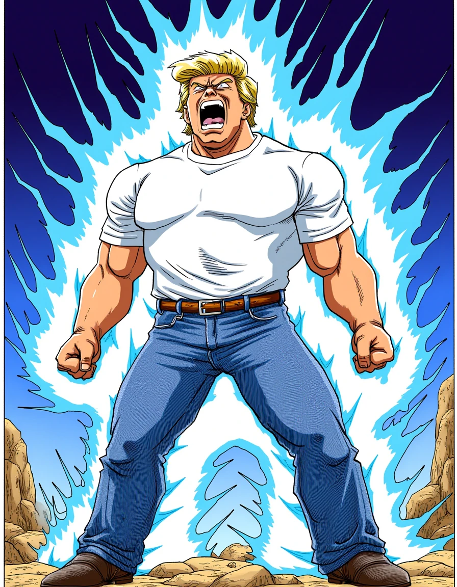 ToriYa-Cell-Flux, manga-style illustration of Donald Trump, reimagined with a powerful, muscular physique and a fierce, battle-ready aura. His iconic features remain recognizable, but his body is transformedâbulging with muscles, especially his arms and chest, which are now well-defined and rippling with strength. He stands in an intense fighting stance, feet firmly planted, fists clenched tightly, and veins popping from his forearms.
Standing on a vivid alien planet.
Donald Trump's face is contorted into a look of pure rage, his brows furrowed, eyes glowing with intensity, and mouth twisted into a snarl. Surrounding his body is a glowing blue power-aura, crackling with energy, depicted in bright, vivid streaks of light that pulse outward from him. The aura crackles like electricity, swirling around him in sharp, jagged patterns, emphasizing the immense power radiating from his body. he's dressed in blue jeans and a white t-shirt
The style captures the dynamic, exaggerated motion of classic manga art, with bold lines and dramatic shading. Speed lines rush outward from his form, heightening the sense of energy and motion as if heâs ready to launch into action at any moment.  <lora:ToriYa-Cell-Flux_000003500:1>