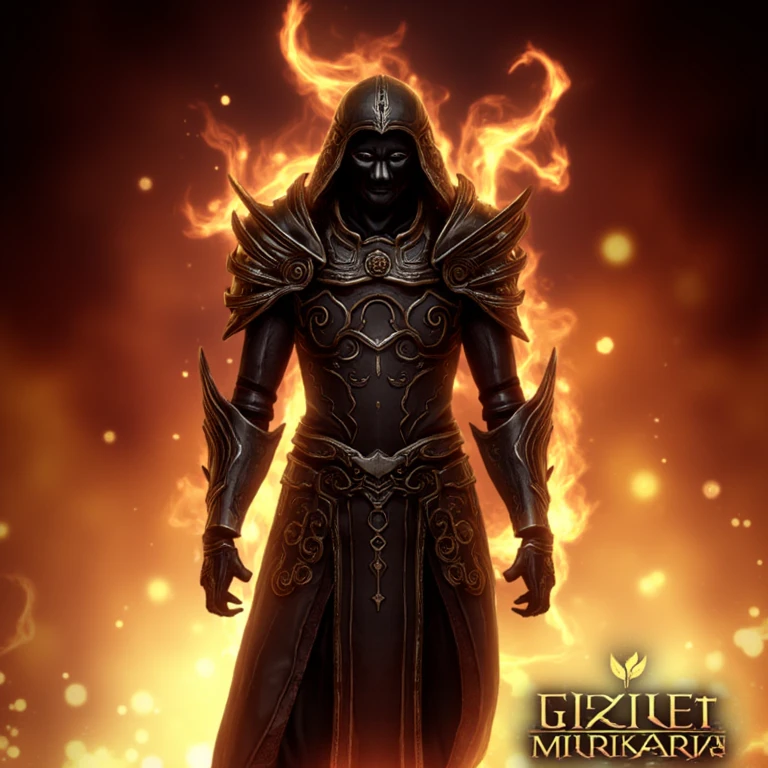 This is a digital artwork, rendered in a highly detailed, fantastical style, depicting a warrior figure standing against a fiery, chaotic background. The subject is a humanoid figure with an elongated, armored body, clad in ornate, dark, metallic armor adorned with intricate, swirling patterns that glow with a faint, ethereal light. The armor covers the figure from the shoulders to the knees, with the chest plate featuring a prominent, stylized emblem.
, <lora:path_of_exile_flux:0.8>,