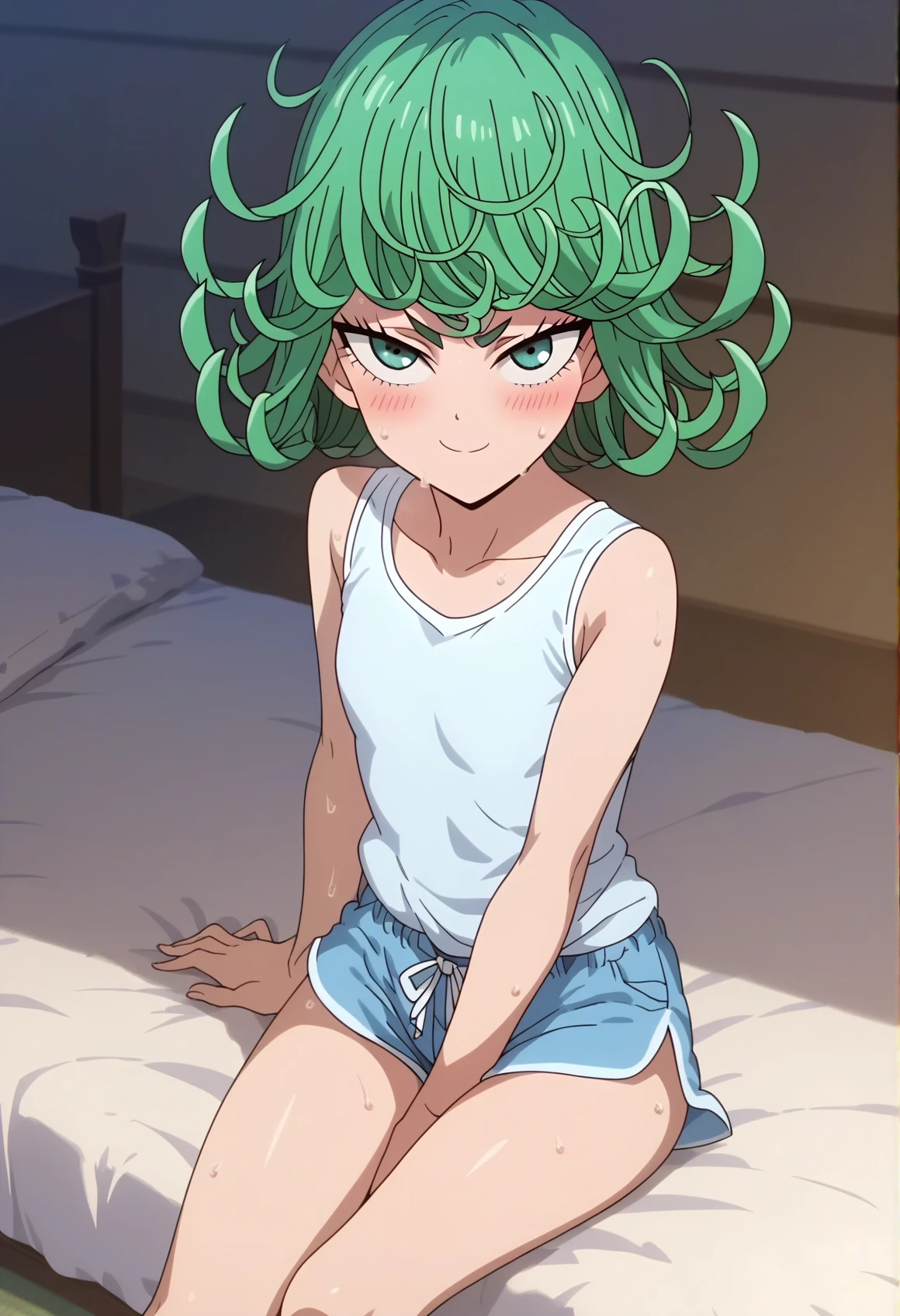 score_9, score_8_up, score_7_up, source_anime, anime screencap, official_style, tatsumaki, 1girl, curly hair, looking at viewer, smile, sweat, blush, white tanktop, blue mini shorts, sitting, bed, indoors,