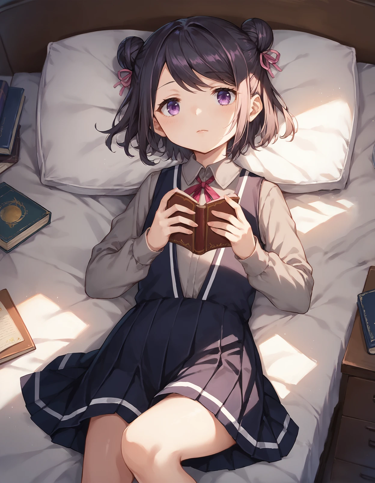 score_9, score_8_up, score_7_up, score_6_up, a girl lying on her bed reading book, source_anime, detailed, solo focus, colorful, 1girl, perfect lighting, upper body, medium shot, mgrckuroe, black hair, purple eyes, double bun, pink hair bows, grey shirt, red neck ribbon, black vest, black pleated skirt, indoors, bedroom, bed, lying, view from above, holding book, <lora:mgrckuroe_XL:0.9>