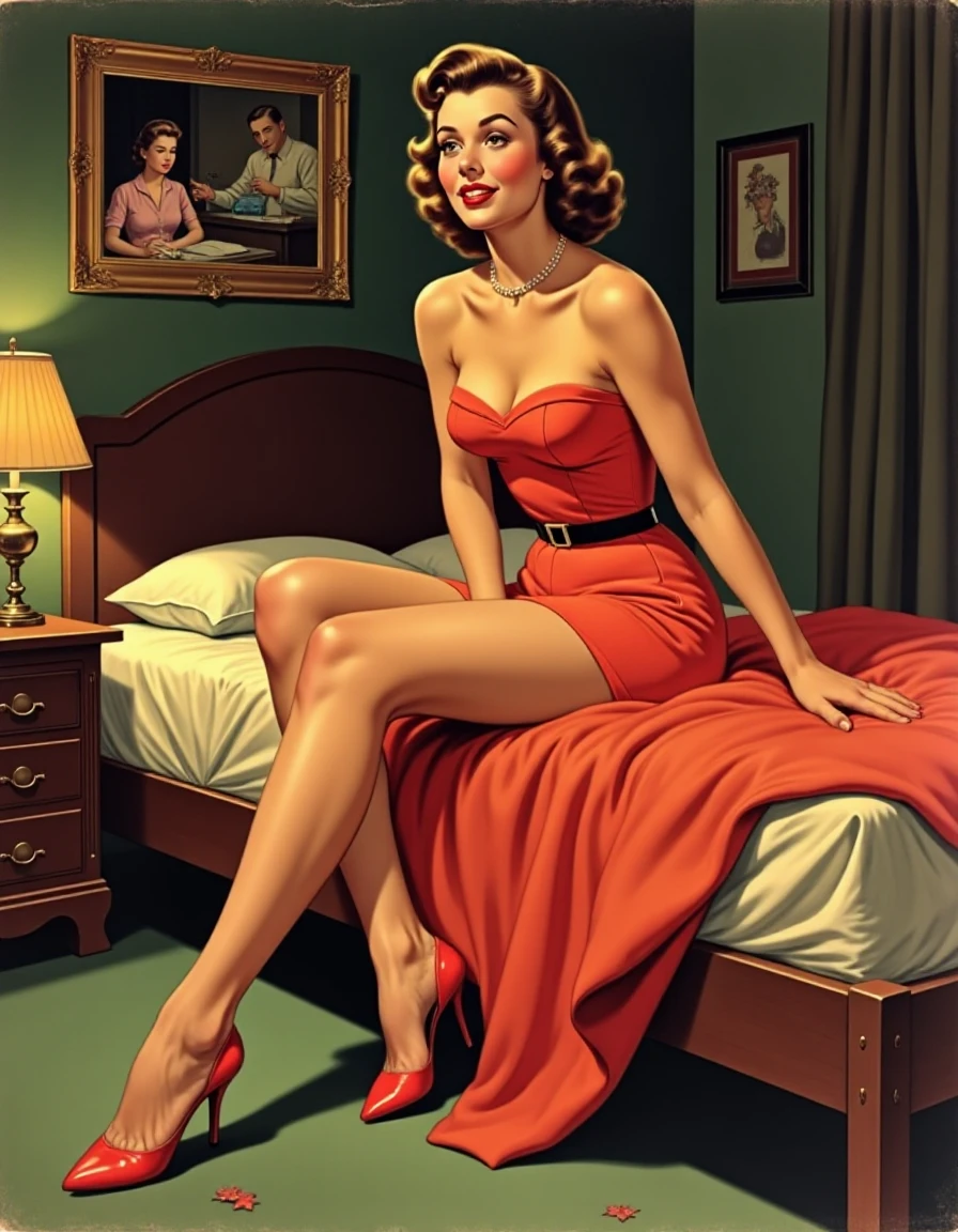 Vintage-Xmas, american comic art of girl,20 years old girl,flat chest,sitting on bed,dark room,spread legs,flat color,high heels,pop,1950s,golden age, <lora:Vintage-Xmas:0.5>