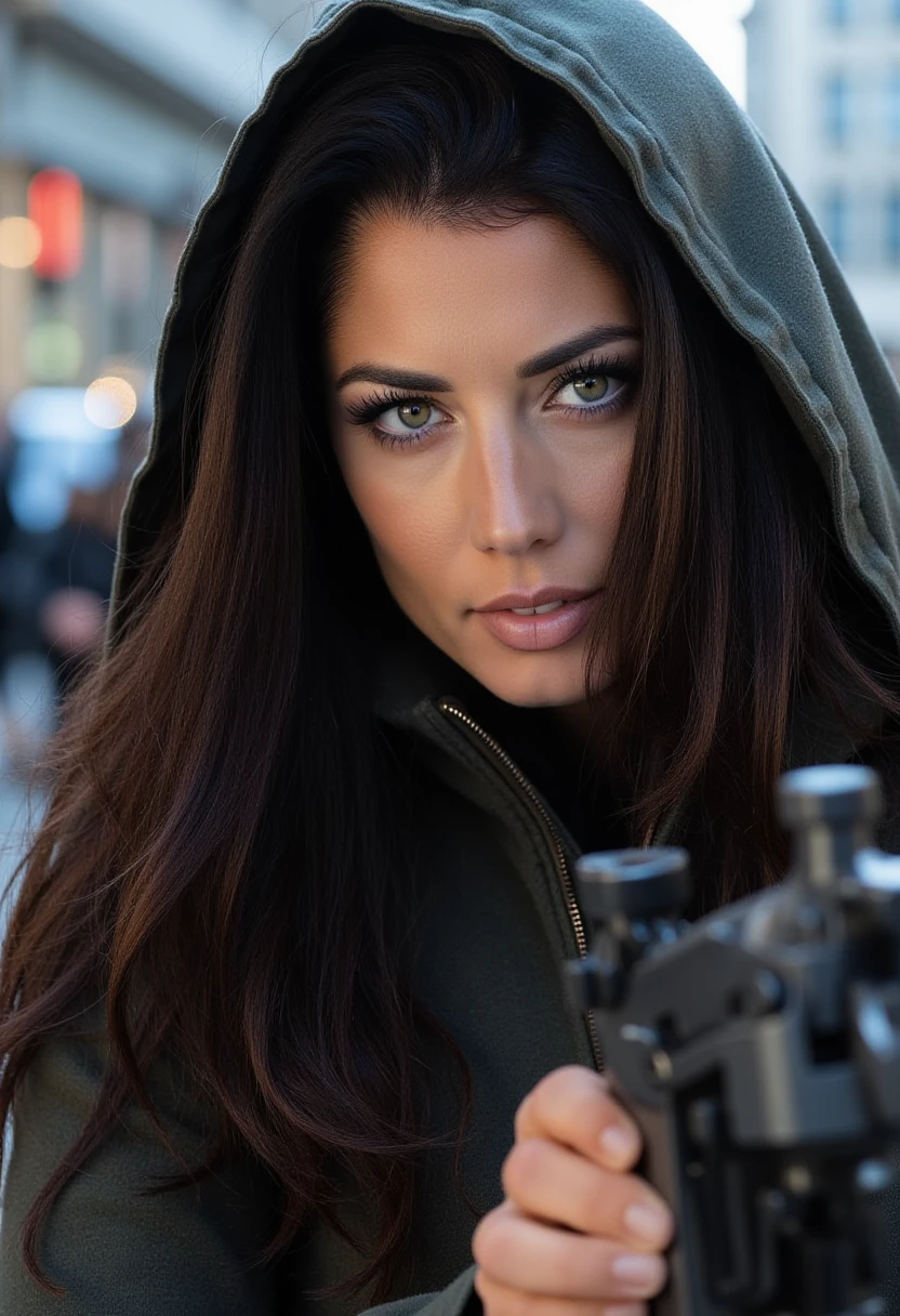 This is a photograph of F3R0LL4, a woman with long dark brown hair and mesmerizing eyes. She is cosplaying as scifi fighter.