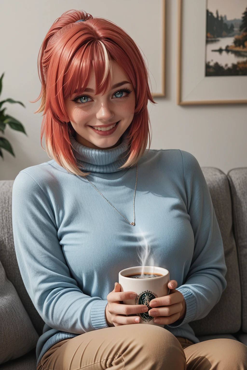 score_9, score_8_up, score_7_up, masterpiece, high quality, BREAK, realistic
 <lora:Lana FoxPonyLora:0.8>lana, short hair, multicolored hair, bangs, ponytail, blue sweater, high collar, pants, holding a mug of coffee, smile, blush, black background, on a couch, light from front, in a living room