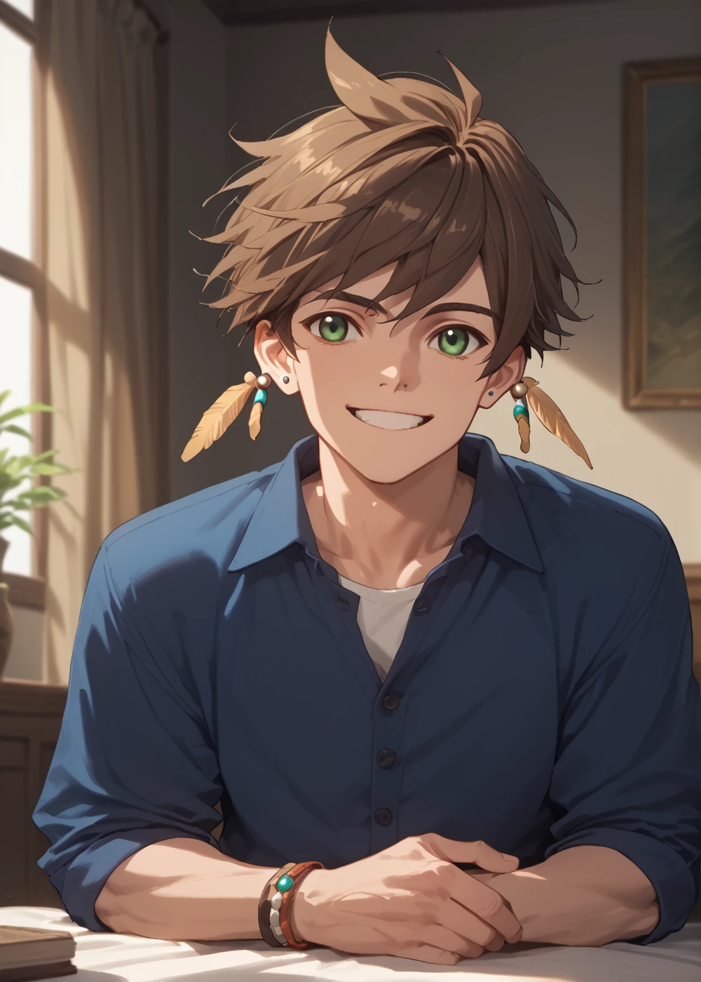 score_9, score_8_up, score_7_up, score_6_up, score_5_up, score_4_up, best quality, masterpiece, 
<lora:Sorey:1> sorey, solo, brown hair, 1boy, jewelry, green eyes, male focus, earrings, smile, looking at viewer, blue shirt, feather earrings